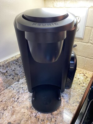 Keurig provided with complimentary k cups for morning coffee! 