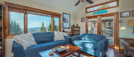 Living area with 50" satellite TV, wood-burning fireplace & deck access.