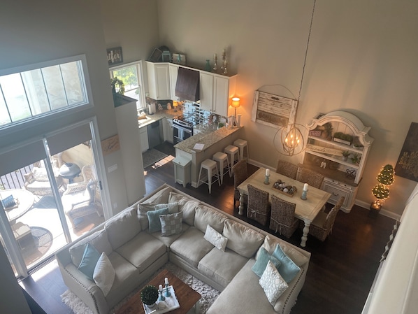 Great room, dining area, and kitchen