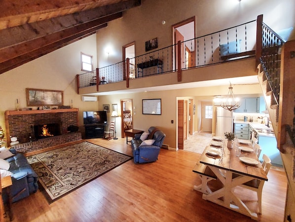 Two-Story Open Living Room, Log-Beam Tongue & Groove Ceilings