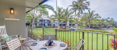 Enjoy the lush green Hawaiian foliage and views of the ocean from your large private lanai