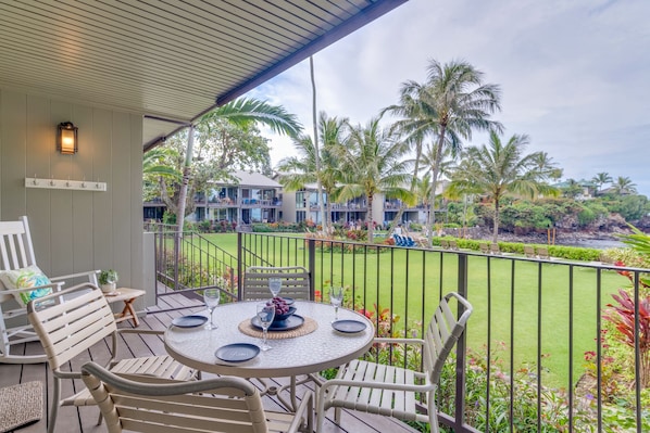 Enjoy the lush green Hawaiian foliage and views of the ocean from your large private lanai