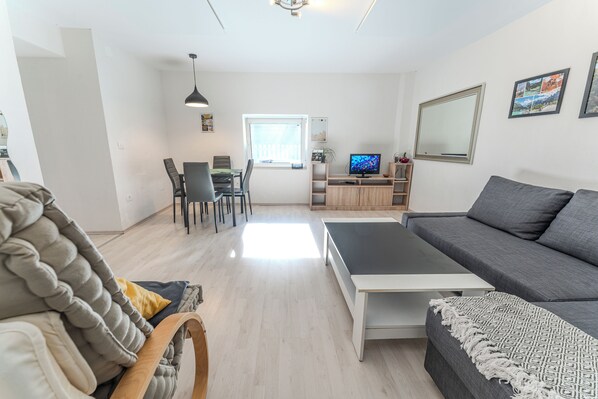 Living room with an extra bed couch.