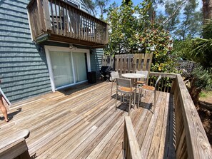 Large deck with gas Weber grill, and Blackstone flat top skillet