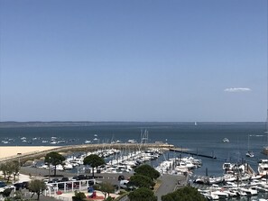 Vue imprenable : la mer et le port et en bas à gauche la belle plage d'Eyrac 