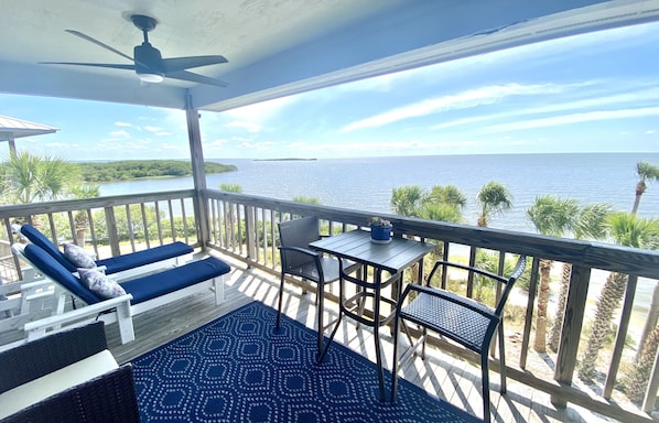 Spacious balcony with plenty of seating and first row seat to dolphin watching!