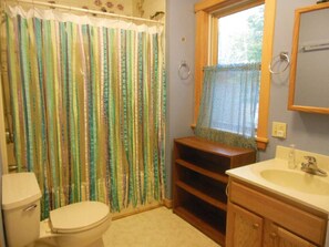 Full bathroom with shower/tub surrounded by hand painted tiles by a local artist.
