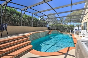 - Relax in your own private screened pool with dual entry steps and sunny vibes
- Surrounded by beautiful greenery and outdoor seating for poolside lounging or dining
- Perfect for family fun, lazy afternoons, or a refreshing swim any time