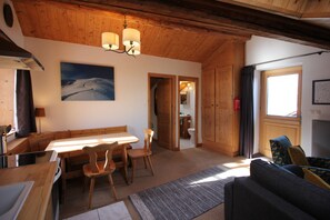 Open plan kitchen, dining area and living room