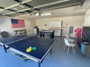 Awesome Garage Game Room with Ping Pong, Cornhole, Foosball, Ring Toss, XBOX-TV
