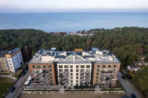 Bird's eye view of the building and surrounding area
