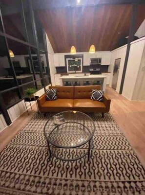 Long view from living room area into kitchen