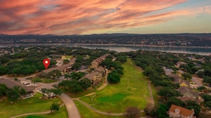 Aerial view of the exact location of the townhouse with  lake Travis