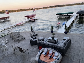 Lakeside patio, new seating area, bar w/ stools and plenty of lounge chairs.