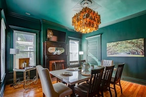 Massive dining, game, and bourbon tasting room with 55" LED TV. Perfect for dinner or just hanging out playing games, or a glass of bourbon.