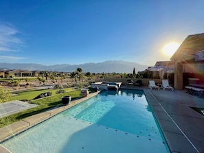 Take a dip in the large salt water swimming pool