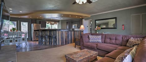 Comfortable sectional in great room with room to gather and socialize