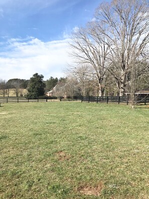 level and fenced meadow by the barn