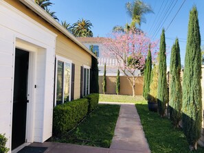 The guest house's main entrance with a privately grassy landscape around