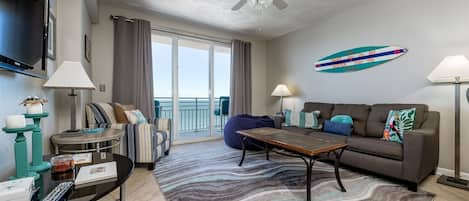 Living room with ocean front balcony