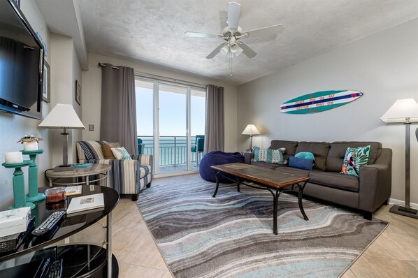 Living room with ocean front balcony