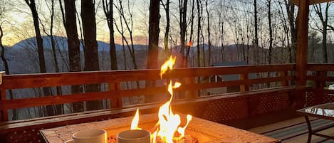 Propane fire pit and a sunset on a winter evening.