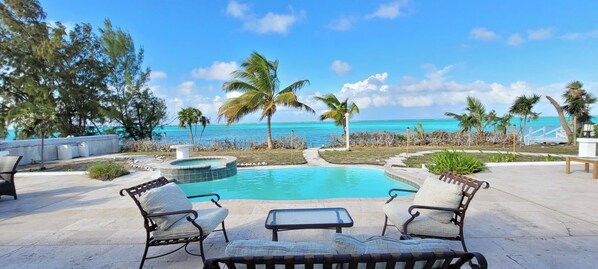 Private pool deck with view.