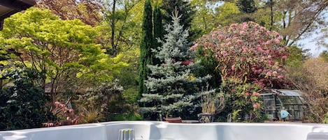 Enjoy the hot tub with views of the forest and gardens 