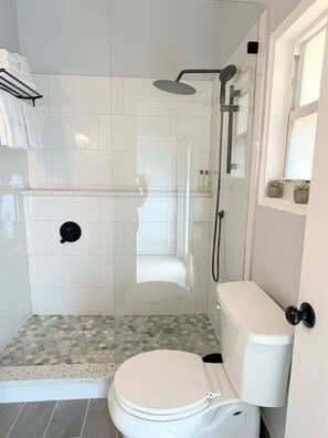 Newly renovated bathroom with walk-in shower.