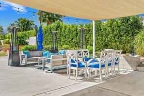 Dining and seating in backyard