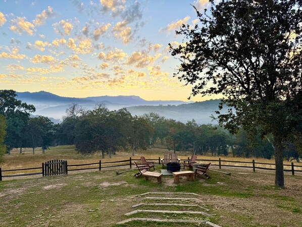 Fire pit in the back yard with panoramic views of the Sierra Nevada mountains