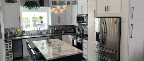 Beautiful Kitchen with new stainless appliances and wine cooler and LED lights
