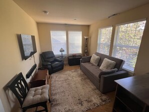 Living Room with Queen size pullout sofa bed. 