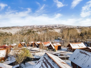 Aerial view from above the cabin. Looking out over the resort and the mountains.