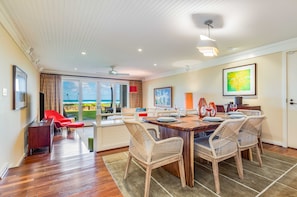 Open-concept living and dining with a view