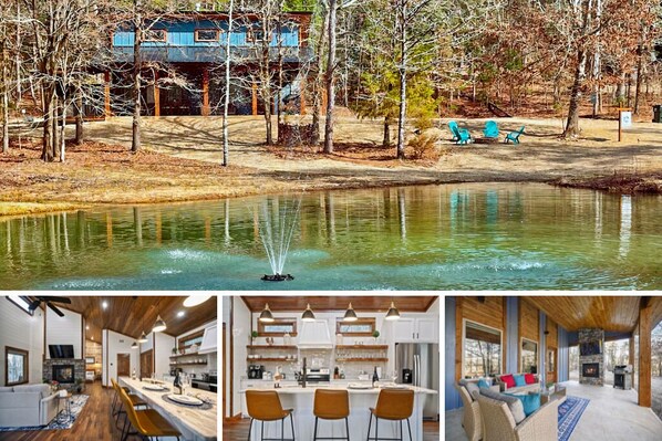 Cottage on the Pond is a romantic farmhouse-style luxury cabin with a rustic feel, nestled between a private pond and the national forest.