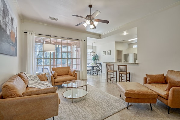 Modern living room with lots of seating!