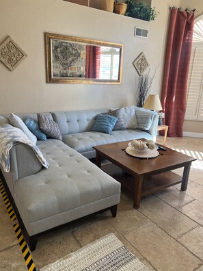 Main living room facing fireplace