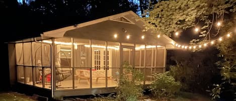 Screened in porch at night