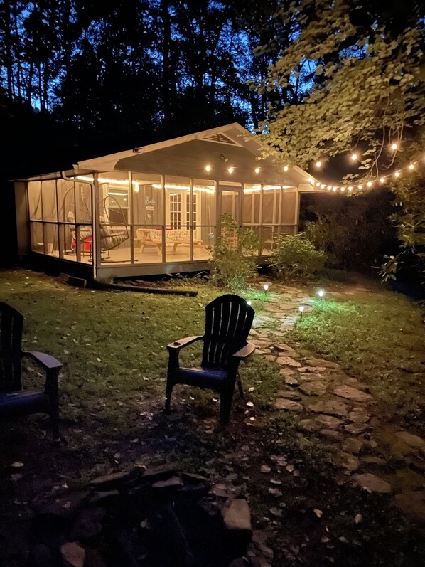 Screened in porch at night