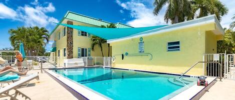 The pool is conveniently situated behind the unit for easy access and your convenience.