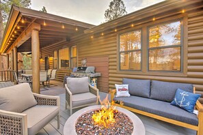 Cabin Exterior | Furnished Deck | Gas Fire Pit