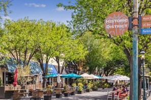 Beautiful blue skies and tree-lined streets in this cute city.