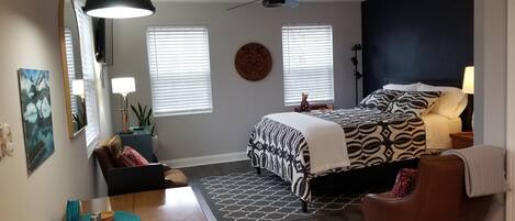 Large sleeping area w/ queen sized bed and smart roku tv. 