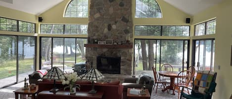 Great room with natural stone fireplace