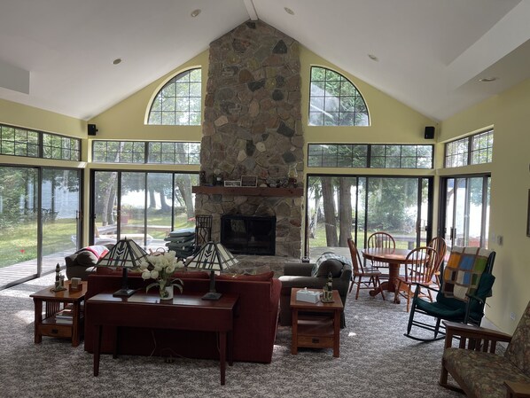 Great room with natural stone fireplace