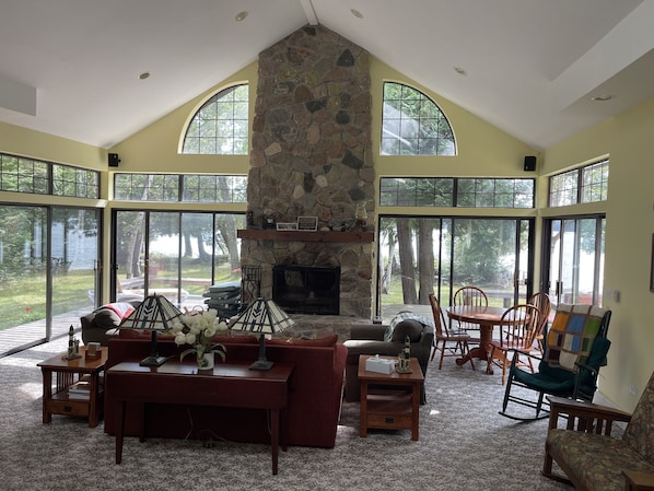 Great room with natural stone fireplace