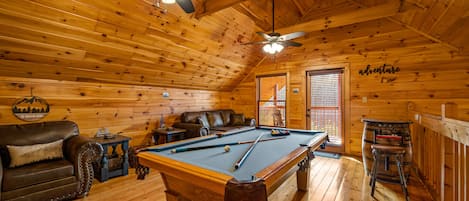 Loft/Game room with pool table and sleeper sofa