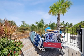 Beach chairs w/ coolers, umbrella, toys, paddle board and a wagon are included 