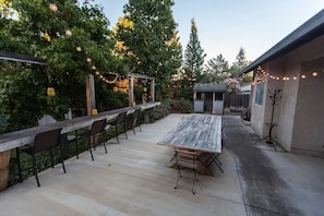 Backyard patio with picnic table and bar